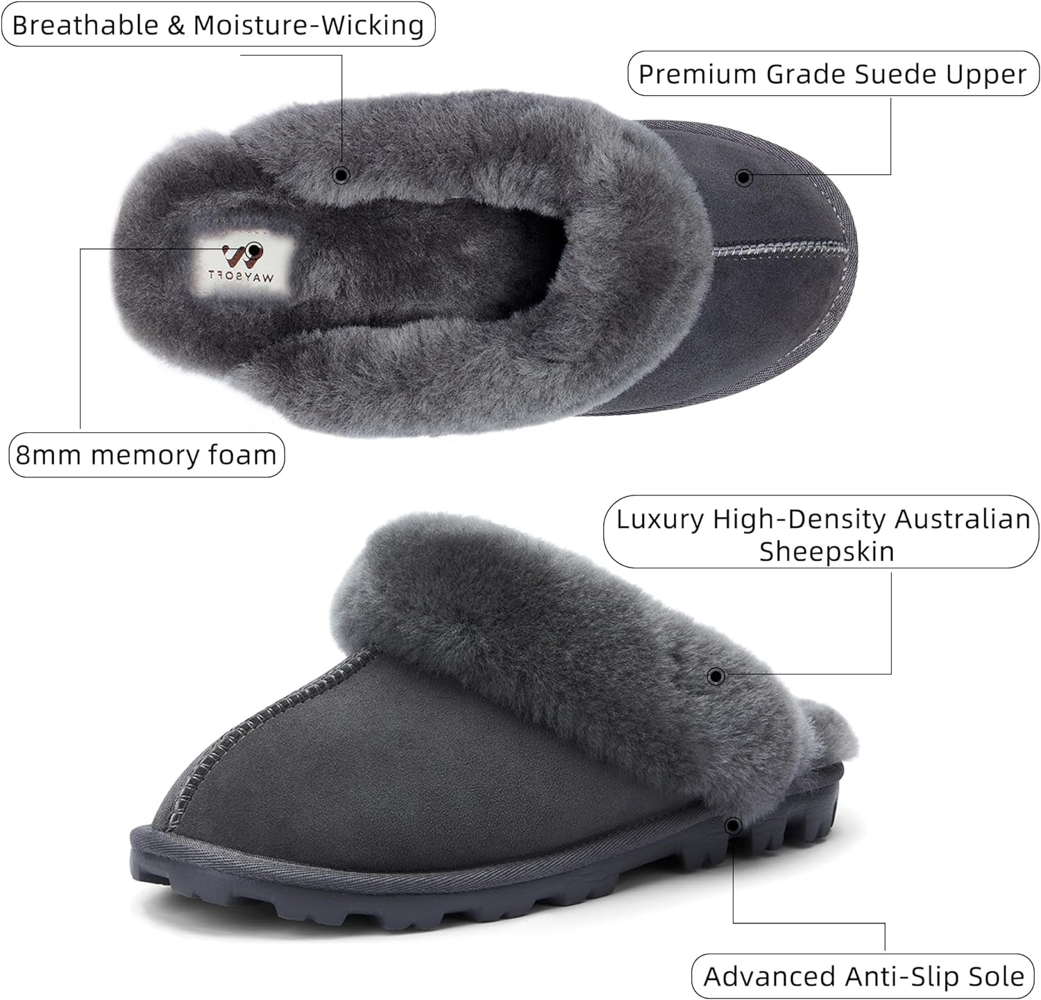 Genuine Australian Sheepskin Women Slippers, 100% Shearling Hard Bottom Slippers for Women Indoor and Outdoor Warm Fuzzy Wool Slippers