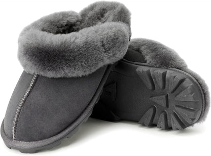 Genuine Australian Sheepskin Women Slippers, 100% Shearling Hard Bottom Slippers for Women Indoor and Outdoor Warm Fuzzy Wool Slippers